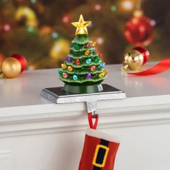 Best 5" Illuminated Ceramic Stocking Hanger - Green Tree Green Ceramic Trees
