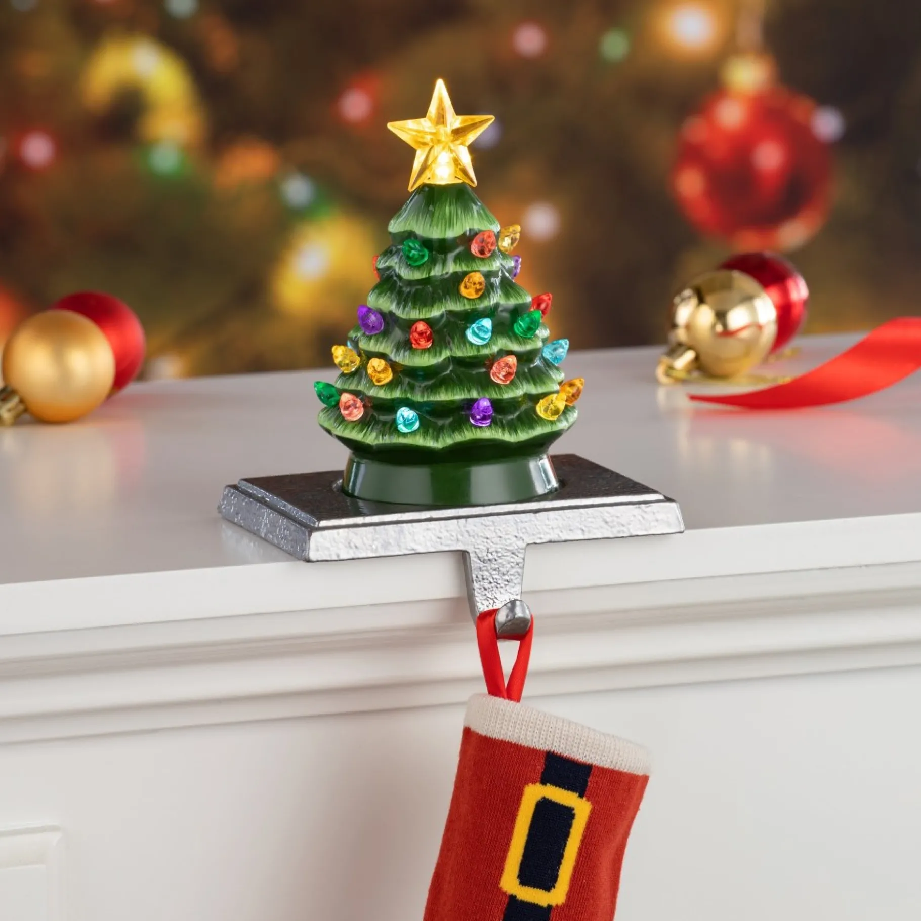 Best 5" Illuminated Ceramic Stocking Hanger - Green Tree Green Ceramic Trees