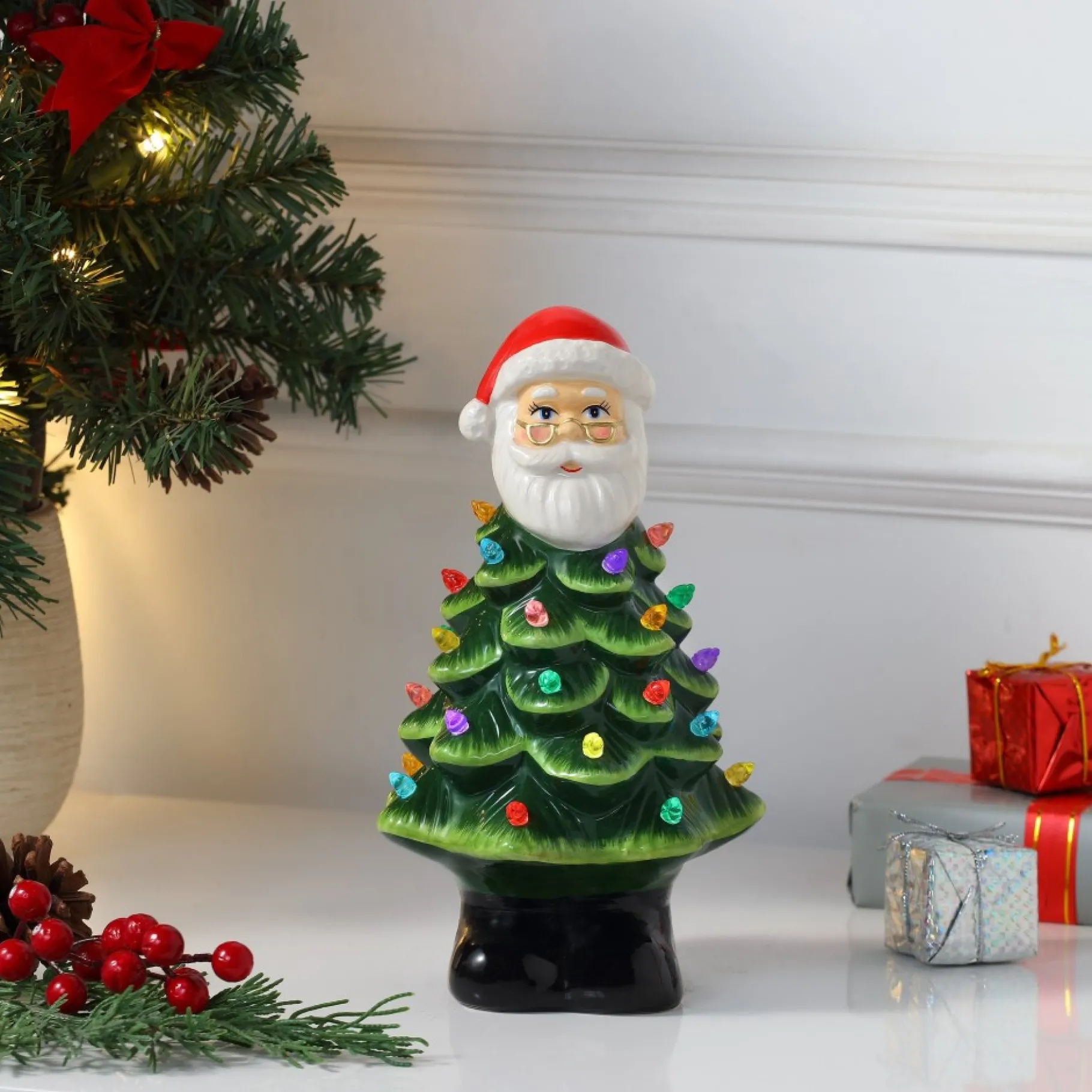 Sale 8.5" Nostalgic Ceramic Santa Tree Green Ceramic Trees