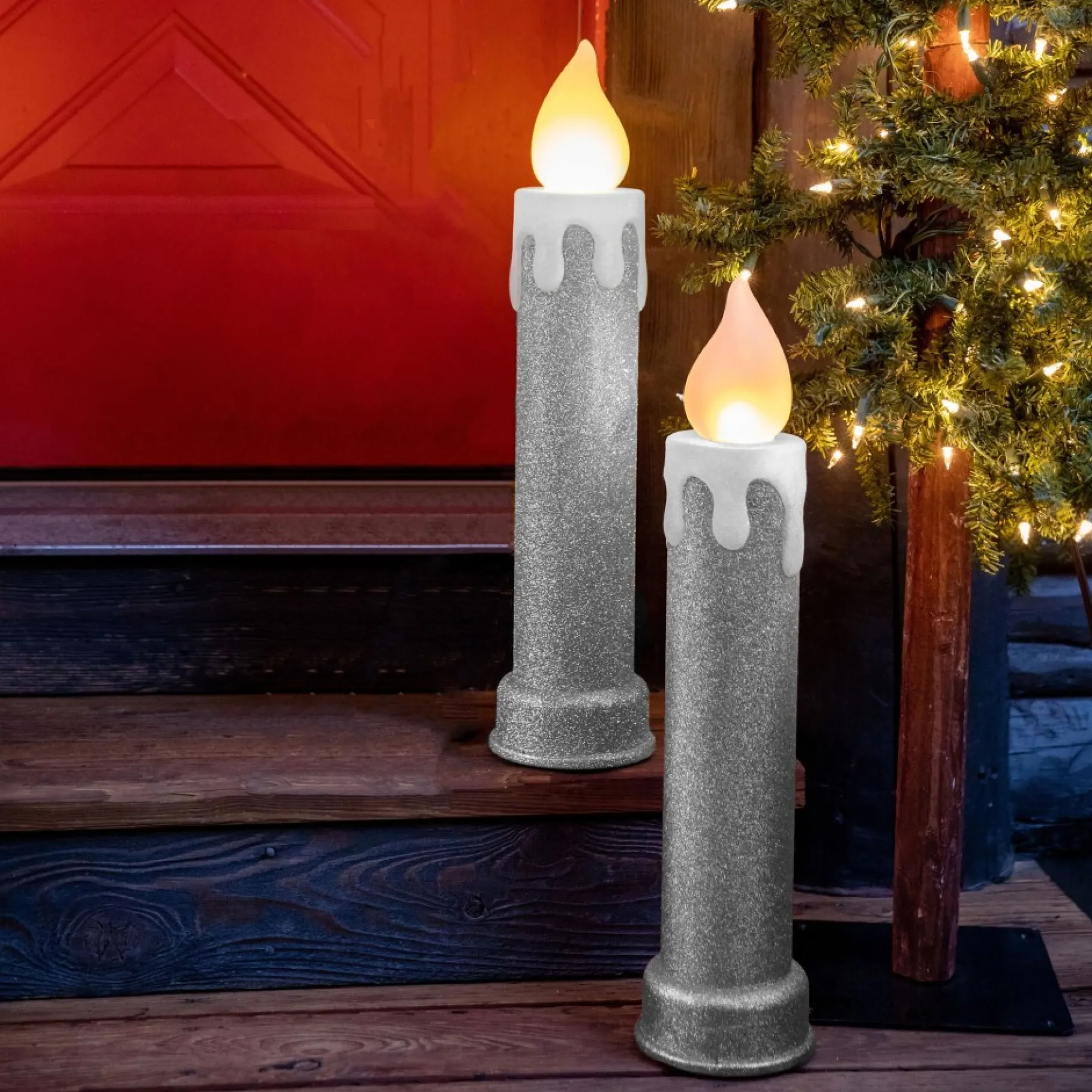 Fashion 24" Set Of 2 Blow Mold Candles - Silver Blow Molds