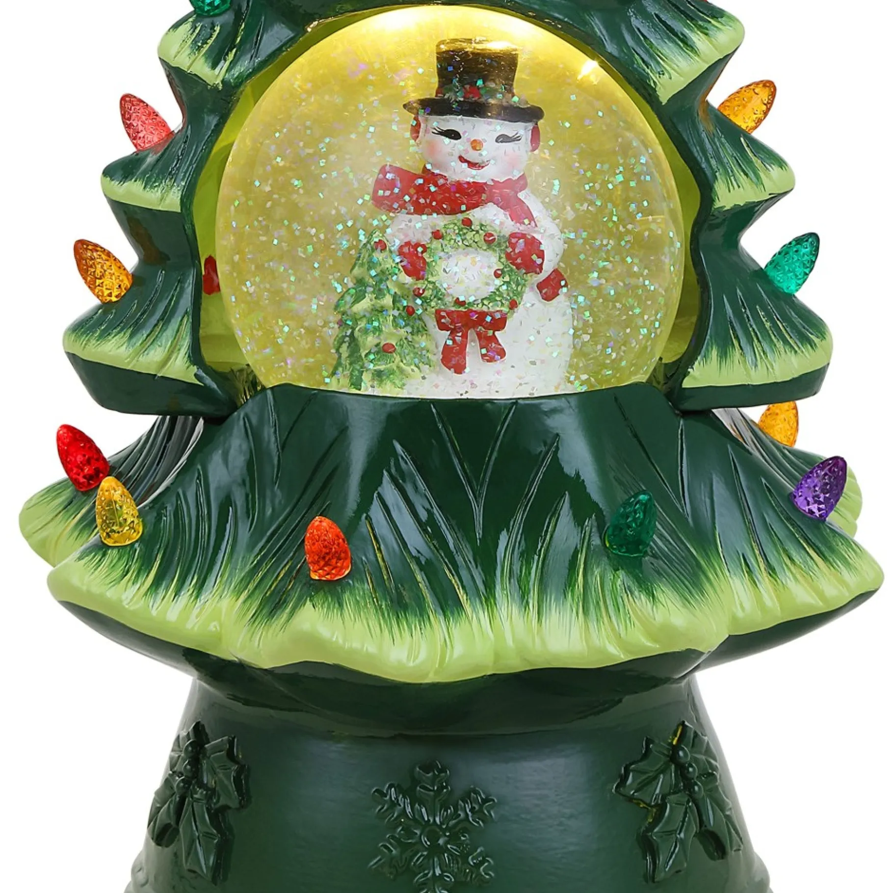 New 12.5" Snow Globe Nostalgic Tree - Snowman Green Ceramic Trees