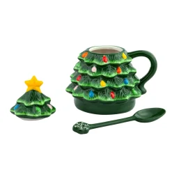 Hot Nostalgic Ceramic Tree Lidded Mug With Spoon - Green Mugs